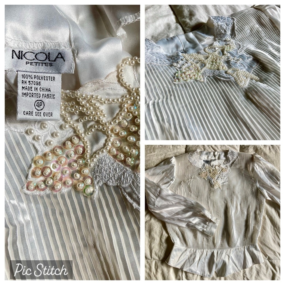 Vtg 80s Nicola Petite Pleat Satin Bead Sequin Peplum Blouse Button Back White 4P